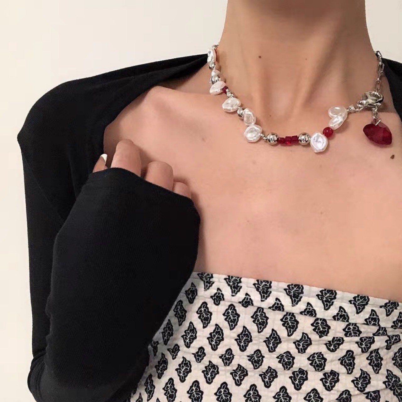 Rote Kristall Perlenkette Für Damen Einzigartiges Hip Hop Collier_voghion.com