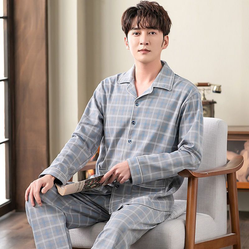 Pijamas de primavera y otoño de manga larga de algodón de invierno para hombres con un cardigan suelto de tamaño grande para el hogar