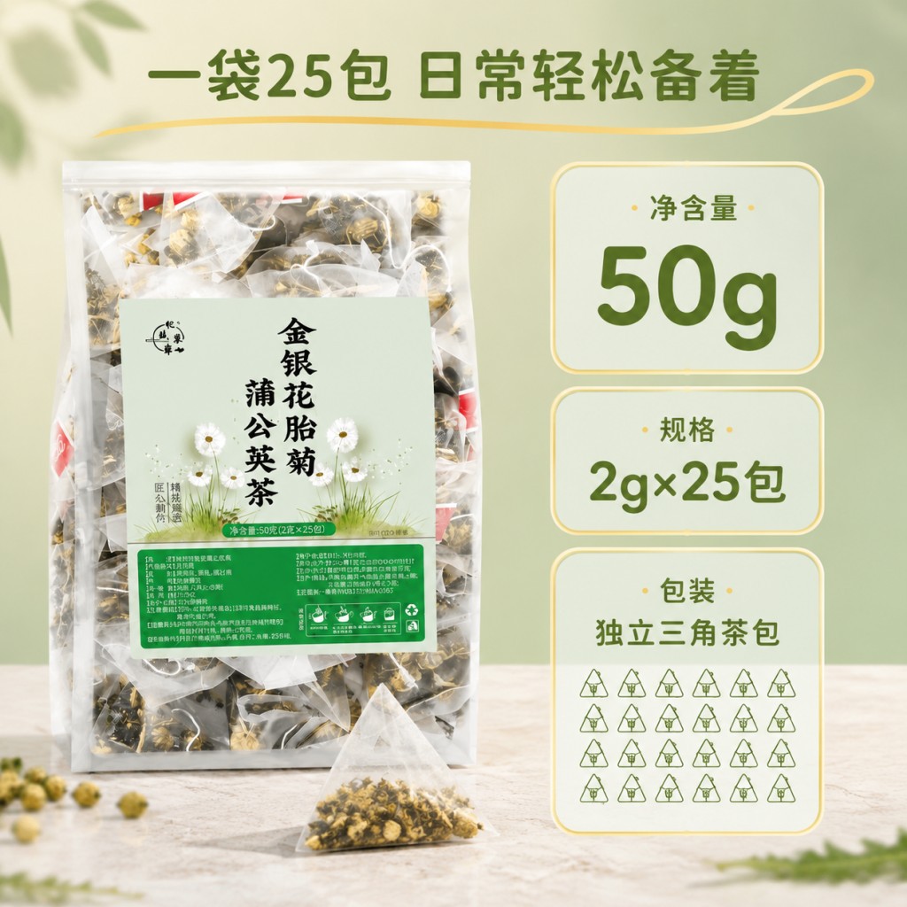 Honeysuckle Chrysanthemum Jasmine Herbal Tea Bags 50g 25 Pyramid Sachets Sugar Free Hot Brew specifications