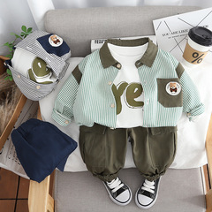 2024春季新款男童拼色襯衫長袖三件套男寶寶休閒長褲套裝一件代發