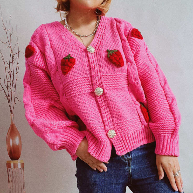 2025 Cross-Border Amazon Casual Loose Strawberry Embroidered Thick Twist Single-Breasted Knitted Sweater Jacket Cardigan for Women