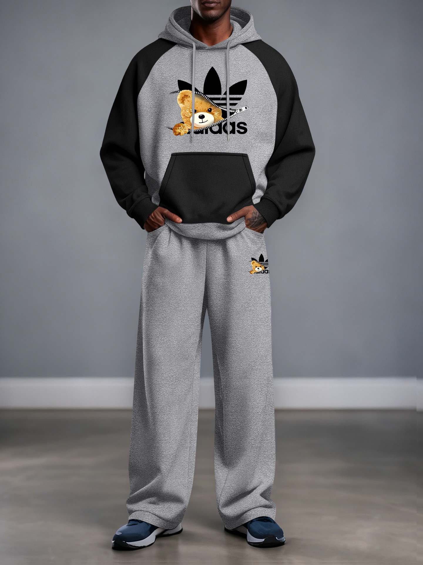 Transfronterizo primavera / otoño / invierno AD juvenil hombro mosaico con capuchón de vello suelto chaqueta rectas pantalones casuales conjunto versátil