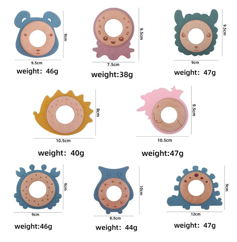 Nuevo bebé suministros de dibujos animados serie Animal anillo de madera mordedor bebé creativo mordedura de goma molar juguete de haya