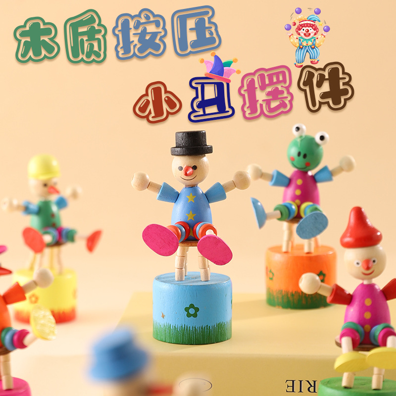 Madera creativa dibujos animados juguetes pallas muñecas sillas barril regalos para niños swinging mano prensar adornos al por mayor