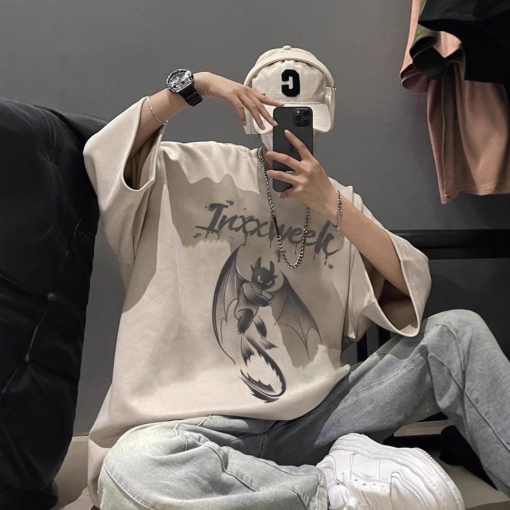 美式重磅麂皮绒卡通动漫蝙蝠圆领落肩情侣款短袖T恤夏季高街涂鸦