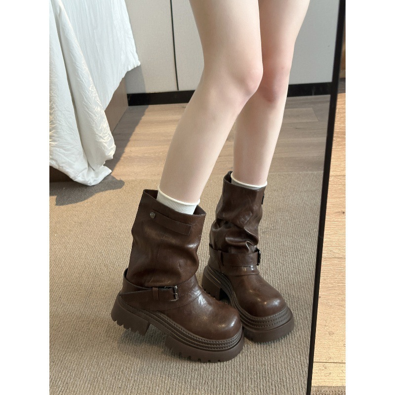 棕色美拉德厚底马丁靴女款2025新款秋季短靴厚底增高堆堆裤管靴子|undefined