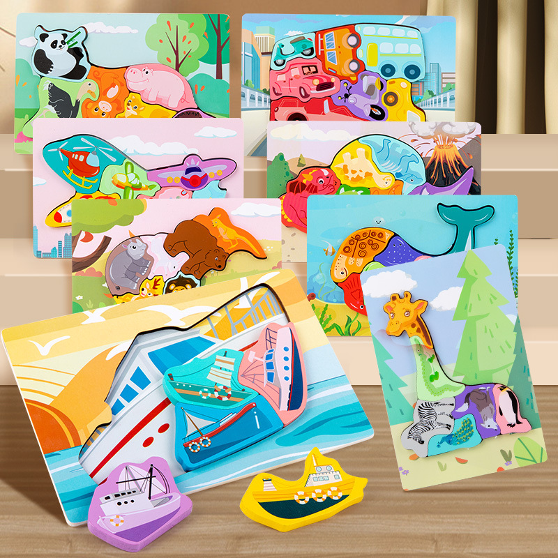 Juguetes educativos de madera para niños pequeños, bloques de construcción al por mayor, rompecabezas 3D creativos con forma de animales para emparejar.