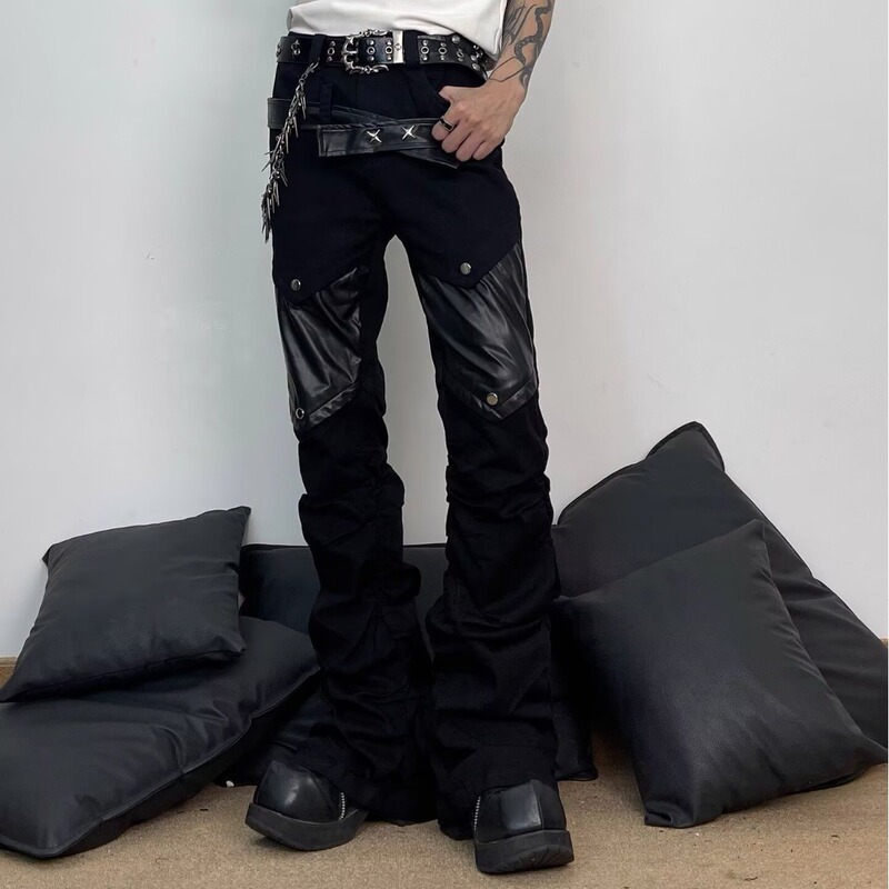 Y2K Punk Patchwork Leather Flared Jeans for Men, High Street Heavy-Duty Pleated Design with a Layered Look, Street Fashion