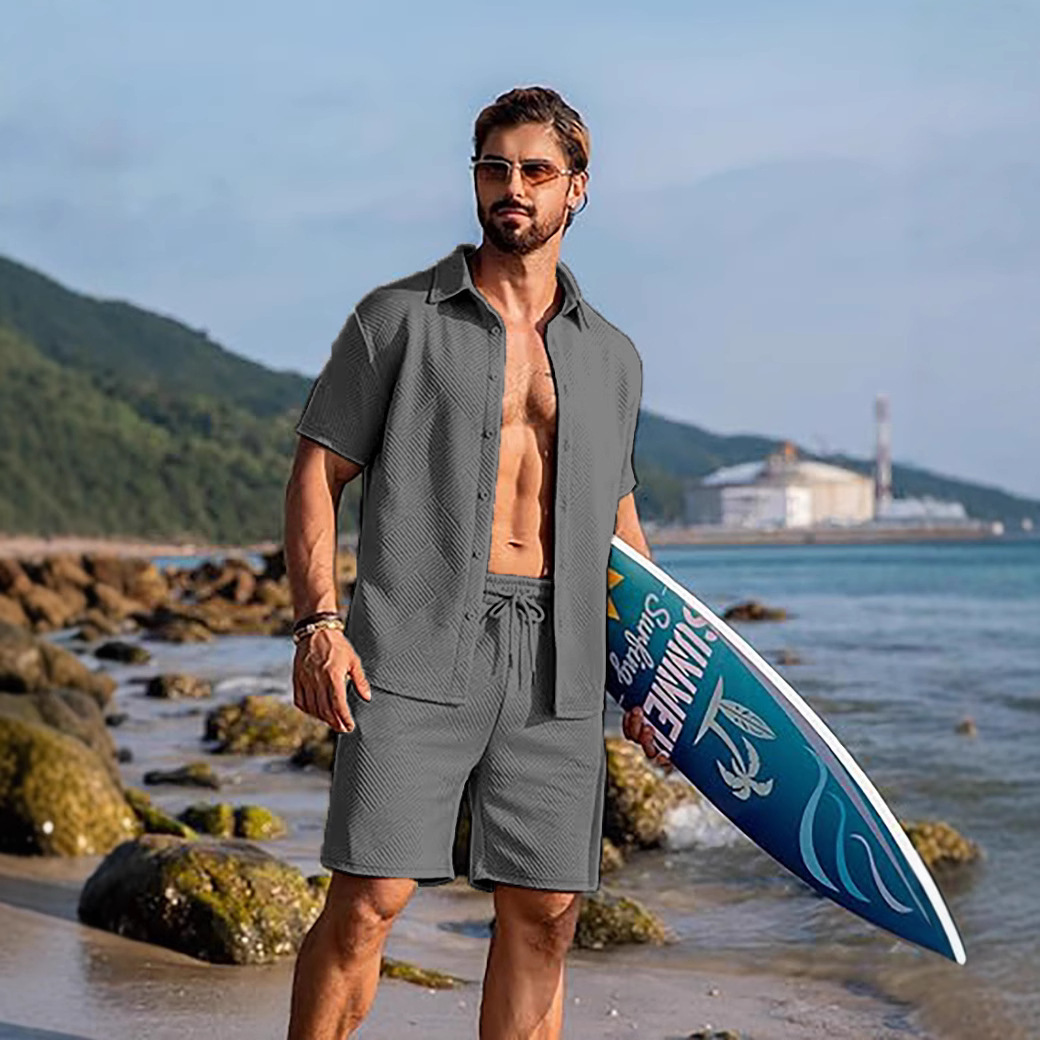 2025 Cross-Border Amazon Summer Hot Sale New Men's Solid Color Cardigan Buttoned Short Sleeve Casual Shirt Short Sleeve Set