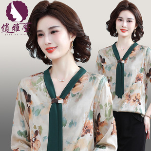 Temperament Mother's Clothing Spring and Summer 2025 Printed Shirt Breathable Chiffon Ribbon Collar Western Style Middle-Aged and Elderly Women's Shirt