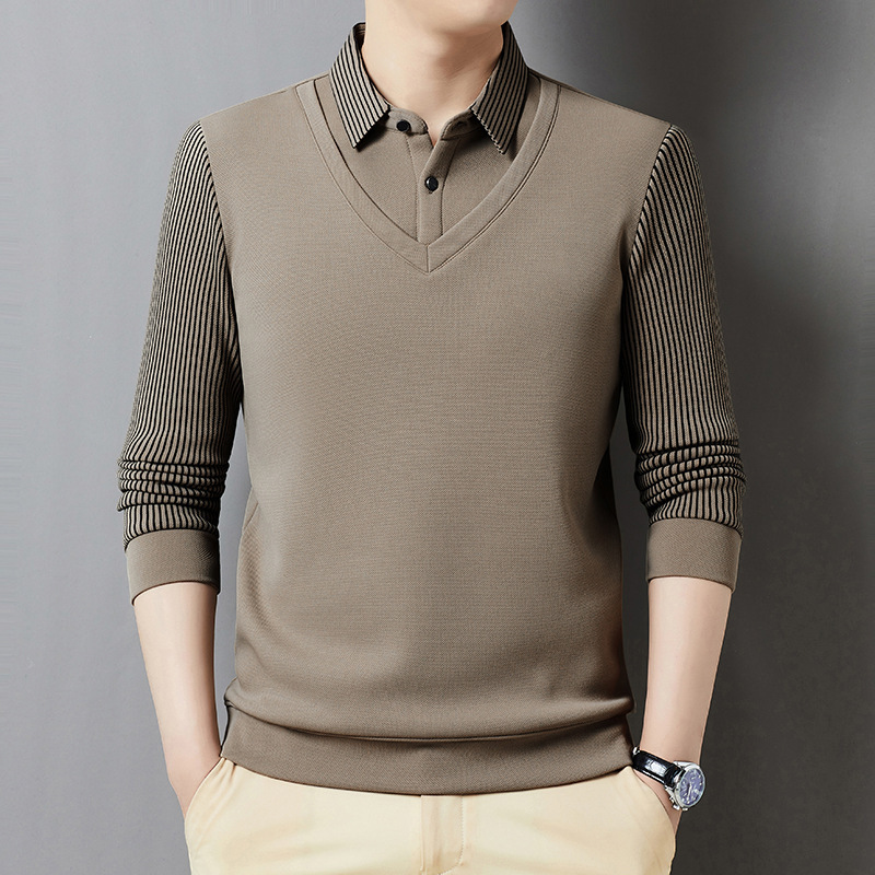 TikTok Live Explosions 2025 Spring Men's Fake Two-Piece Shirt Collar Long-Sleeved T-Shirt Middle-Aged Dad's Knitwear