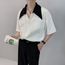 夏季网红韩版撞色大领子短袖衬衫男韩国小众设计感衬衣免烫发型师