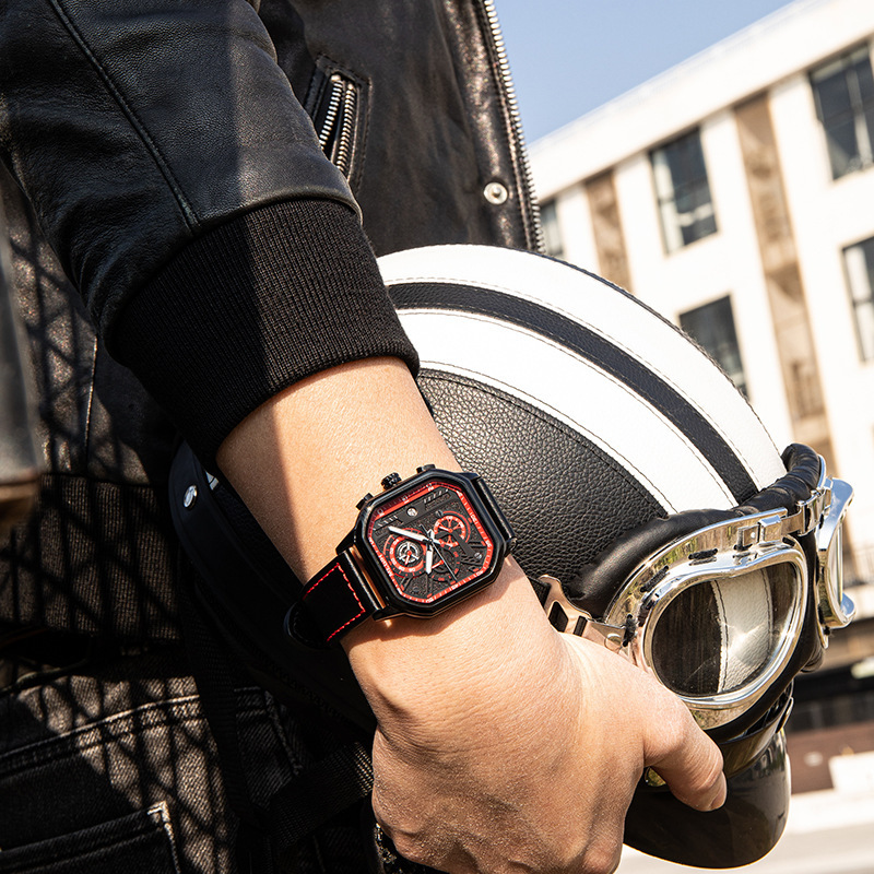 Men's Square Watch Trendy Multifunctional Chronograph Quartz Genuine Leather Watch_voghion.com