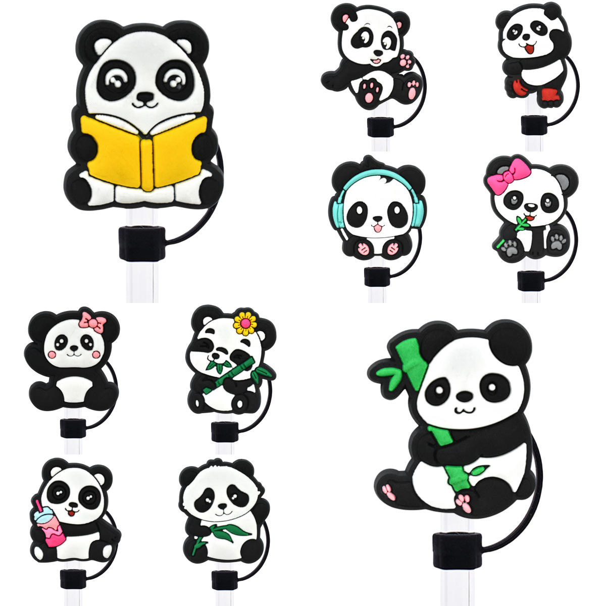 Giant Panda Straw Cap Cute DIY Creative Water Cup Decorations Dust Plug Reusable Silicone Suction Sleeve