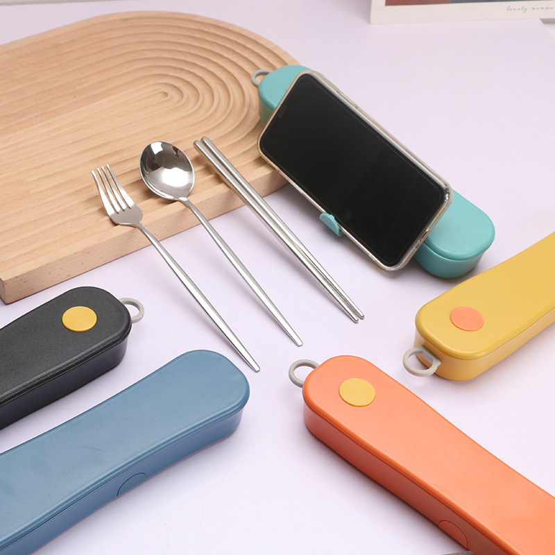 Stainless steel spoon, fork, and chopsticks creative rotating storage box portable tableware set for students outdoor travel picnic