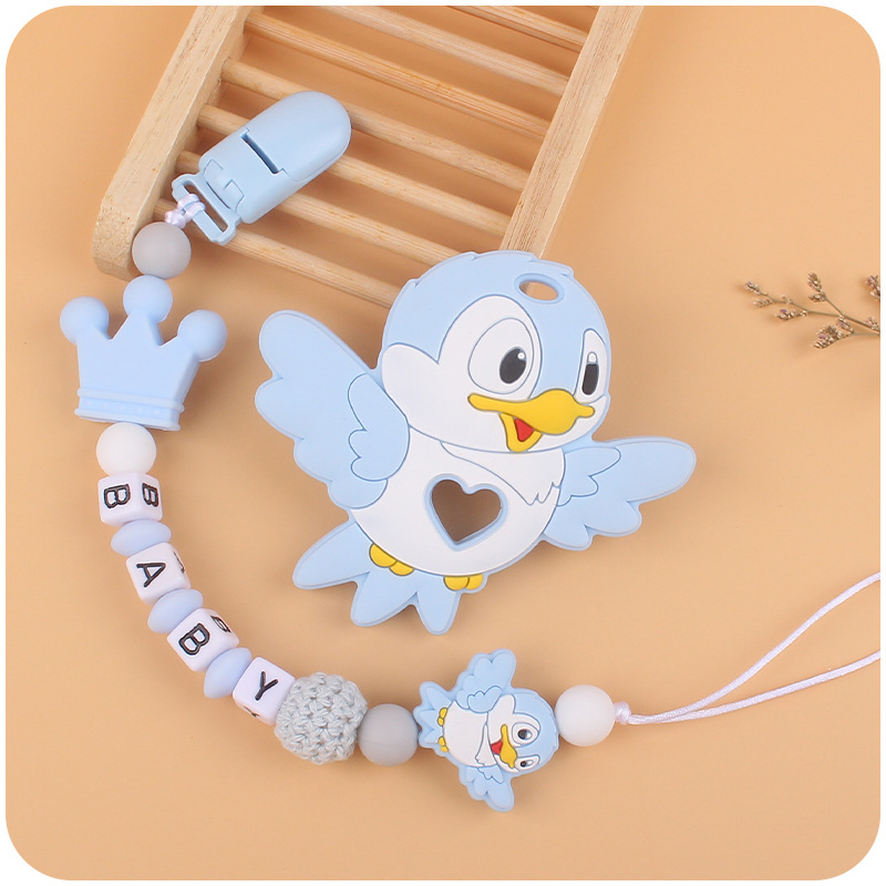 Nuevos suministros para bebés de dibujos animados animal pájaro mordedor calmante bebé chupete de silicona cadena teether traje de juguete