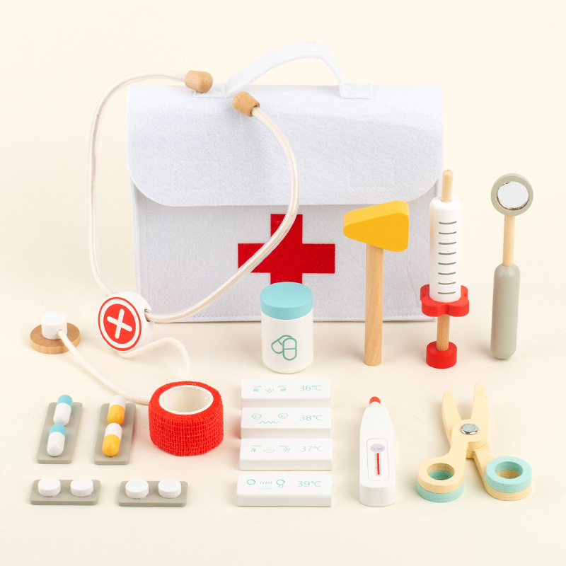 Wooden Pretend Play Medical Kit for Children, Educational Simulation of Doctoring and Nursing, Role-Playing Toy for Boys and Girls