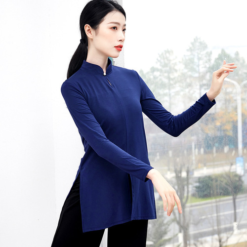 Women's square classical modern dance cheongsam high stand collar Tai Chi slit crotch top adult art exam dance practice clothes