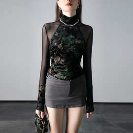 国风上衣女别致小众新中式印花拼接网纱性感长袖蕾丝衫打底