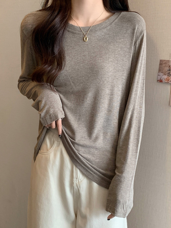 软糯亲肤弹力圆领长袖T恤女内搭2025季秋宽松洋气简约上衣打底衫|undefined