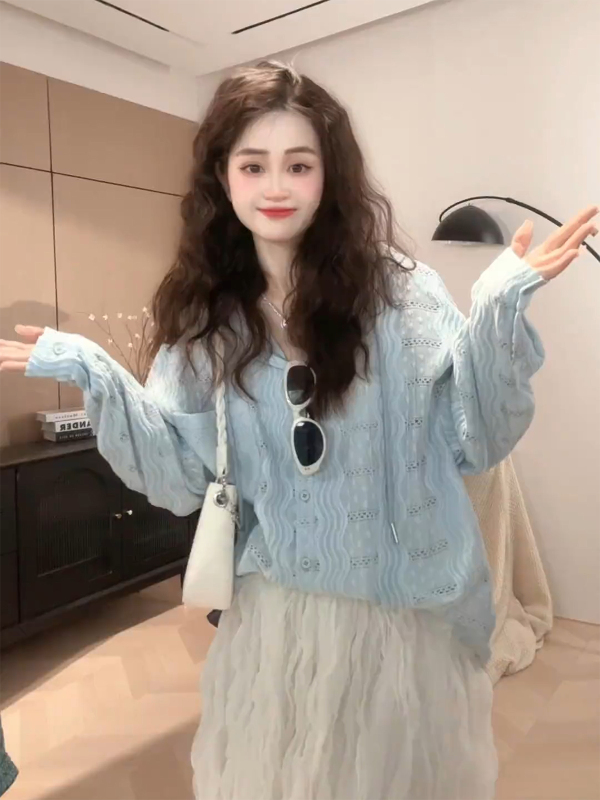 慵懒风蓝色钩花镂空连帽衬衫上衣女2025春夏独特别致长袖防晒开衫|undefined