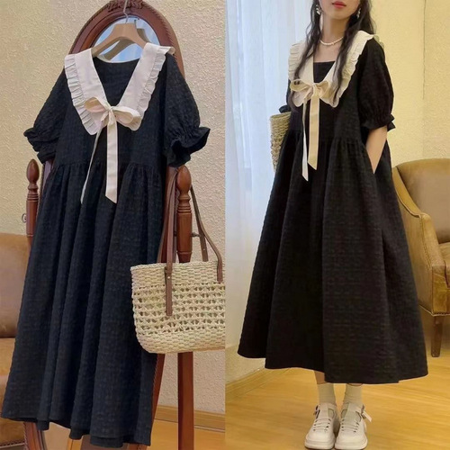 Large size French doll-neck dress, women's summer fat loose slimming skirt, covering belly, hiding meat, age-reducing long dress