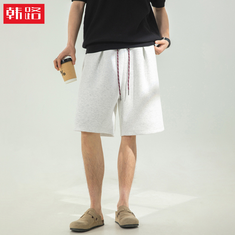 American-Style Trendy Brand Solid Color Simple Short Sweatpants Summer Style Pleated Design Color-Blocking Drawstring Loose Casual Five-Point Pants Q