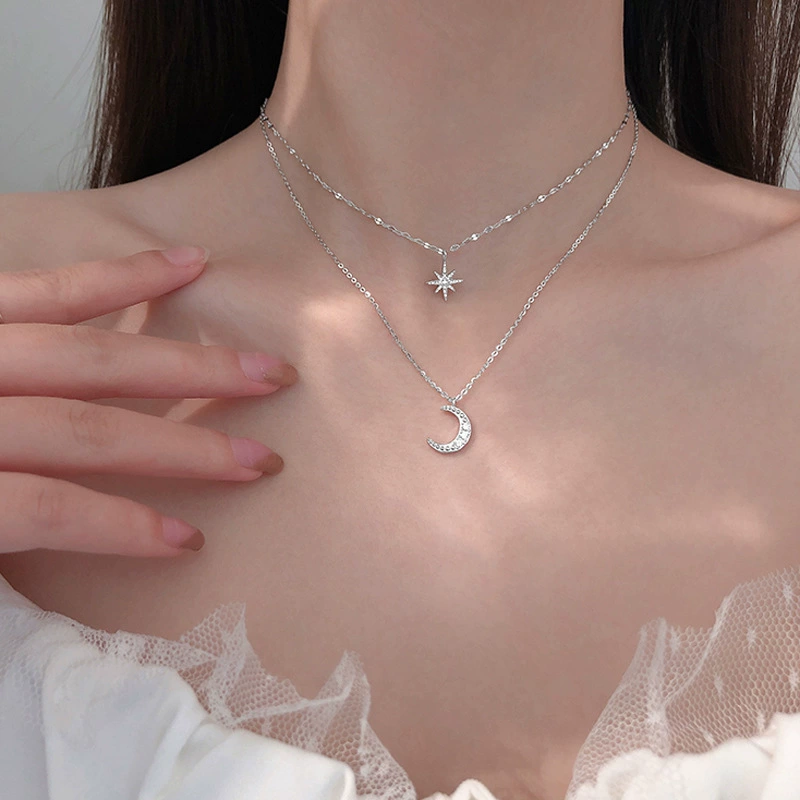 Necklace Brand, silver chain with moon & star pendants, Korean light-luxury design, 8×5.8 cm