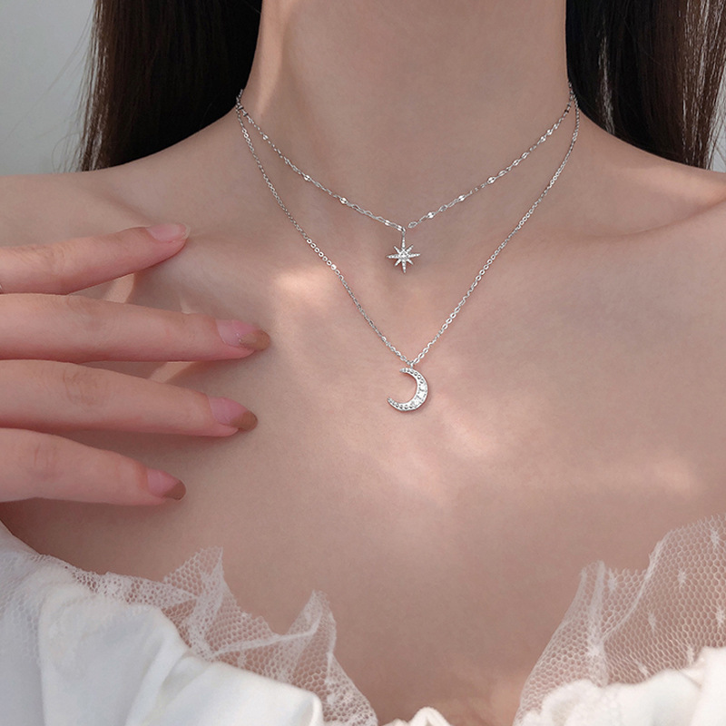 K-Style Ins Silver Sparkling Diamond Starburst Moon Double-Layer Necklace Niche Female Clavicle Chain Design Accessible Luxury New Style K-Style Ins Silver Sparkling Diamond Starburst Moon Double-Layer Necklace Niche Female Clavicle Chain Design Accessible Luxury New Style