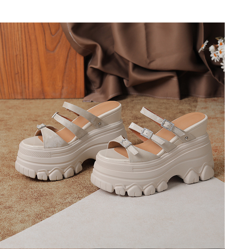 Sandal cao gót nữ đế xuồng 12cm da bò nguyên chất quai ngang — Màu đen, Màu trắng be, Màu hạnh nhân đậm chi tiết 25