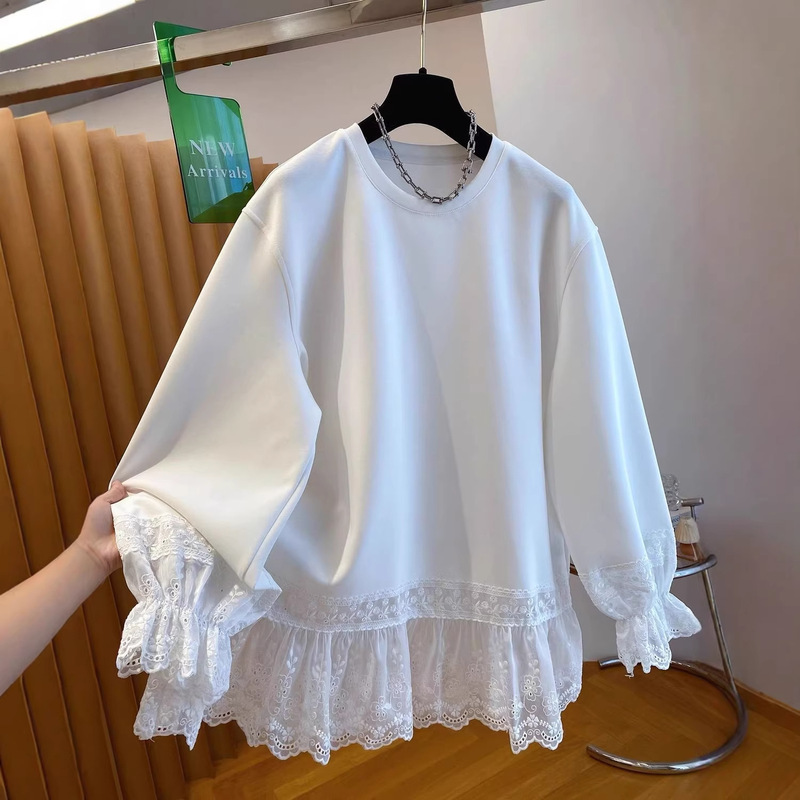 Plus-Size Lace-Trimmed Long-Sleeve T-Shirt for Women, Spring Season, Loose Fit, High-End Feel, Inner Layer Plus-Size Lace-Trimmed Long-Sleeve T-Shirt for Women, Spring Season, Loose Fit, High-End Feel, Inner Layer