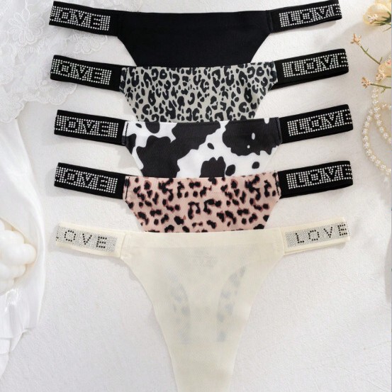 5Pcs Cross-Border Comfortable Skin-Friendly Love Rhinestone Sexy Sweet Leopard Print Cow Print Women's Seamless Thong 5Pcs Cross-Border Comfortable Skin-Friendly Love Rhinestone Sexy Sweet Leopard Print Cow Print Women's Seamless Thong
