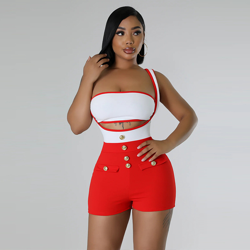 Women Clothing Color Matching Stretch Shorts Suit Summer Sleeveless  Suspender Shorts Sexy Two Piece Suit