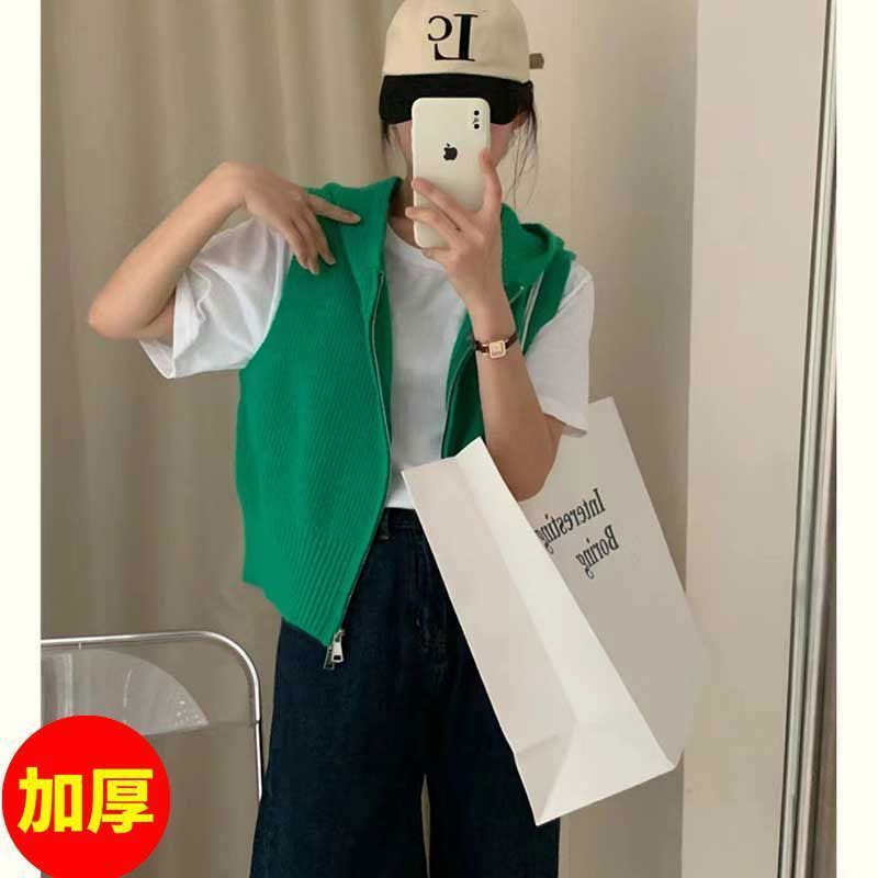 针织开衫马甲女2025早秋季新款宽松无袖休闲百搭拉链连帽毛衣外套|undefined
