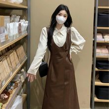 UNMUN装秋冬搭配一整套胖mm显瘦高级感连衣裙棕色皮裙背带裙套装