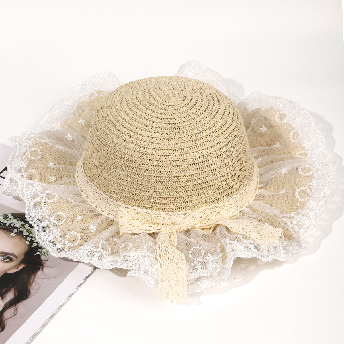 Sombrero de paja de viaje de verano flor sombrero de playa protección solar sombrero de sol ala grande paja tejida a mano arco sombrero de sol