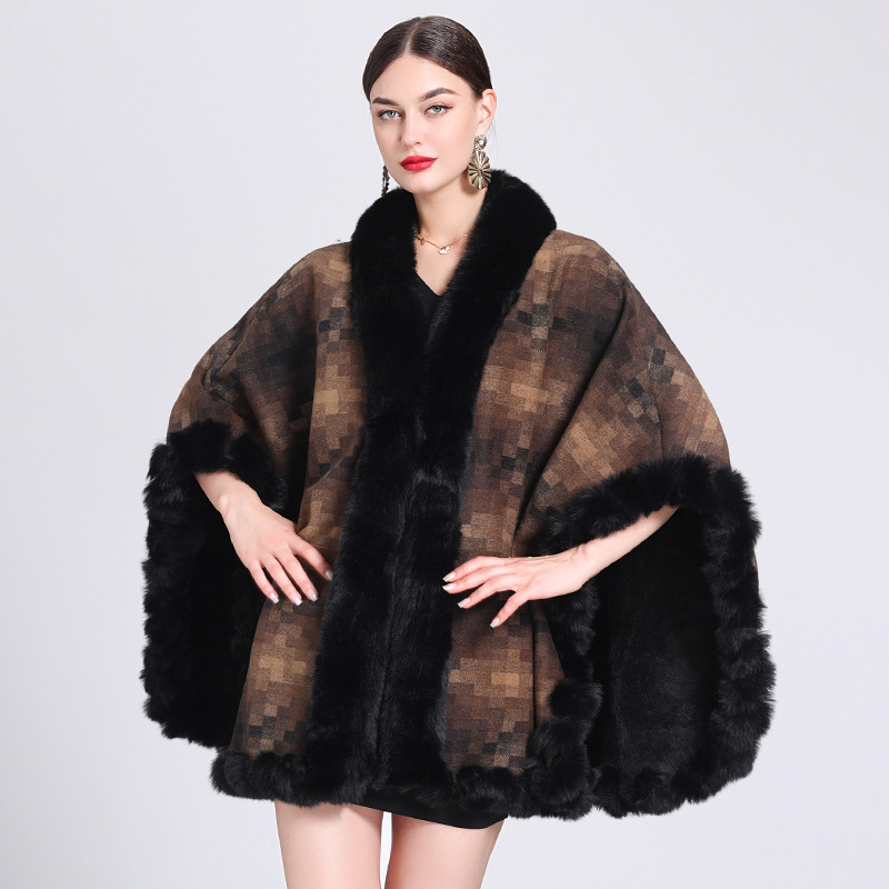 Fleece thickened plaid collar cape cape loose large size knitted cardigan coat for women_voghion.com