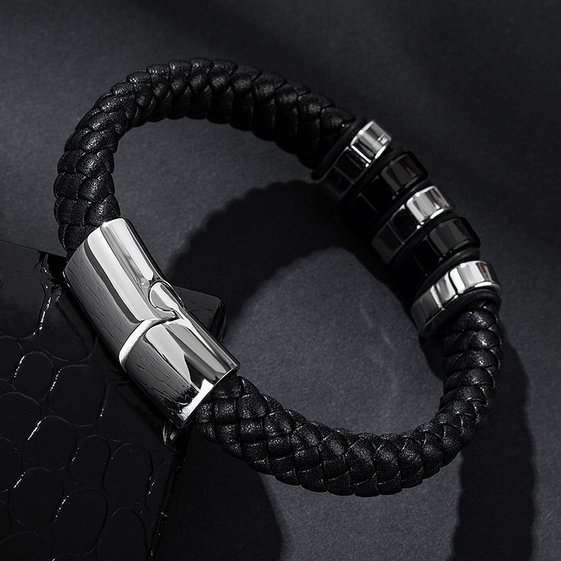 50g Weight Fashion Geometric Stainless Steel Pu Leather Knitting Unisex Bracelets
