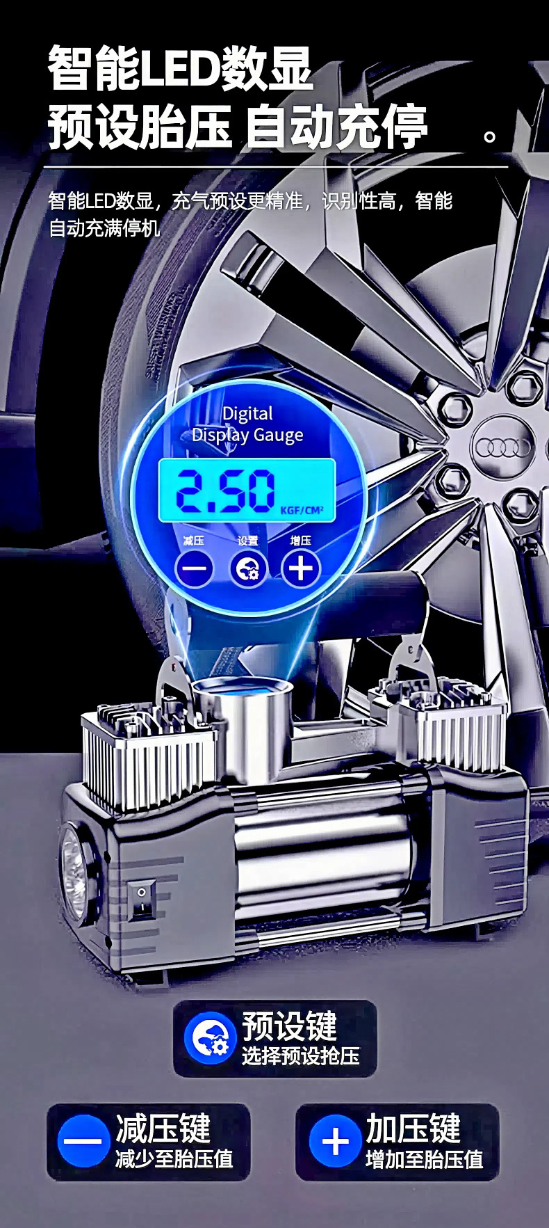 Car Air Pump, Dual-Cylinder Portable High-Power Car Tire Inflator, Electric Air Pump, High-Pressure Inflator