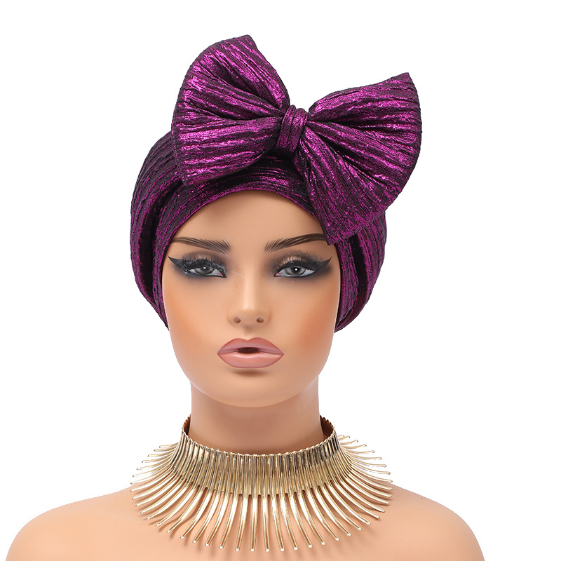 Muslim hat Fashion hot gold forehead big bow African bun hat stretch comfortable headscarf hat_viptrois.com