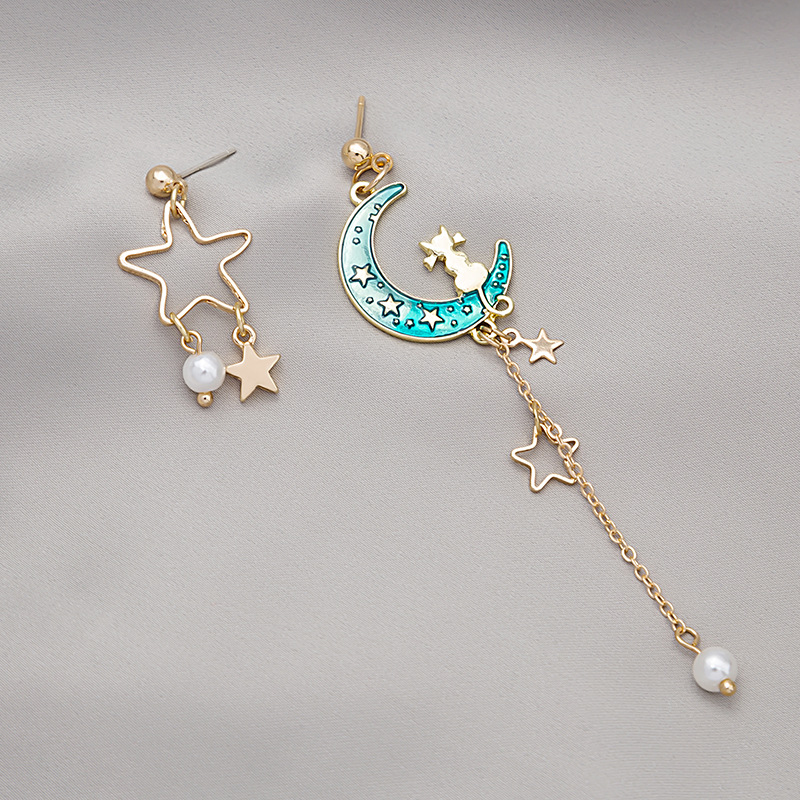 Korean Asymmetric Gradient Color Star Moon Earrings Long Tassel Earrings display picture 5