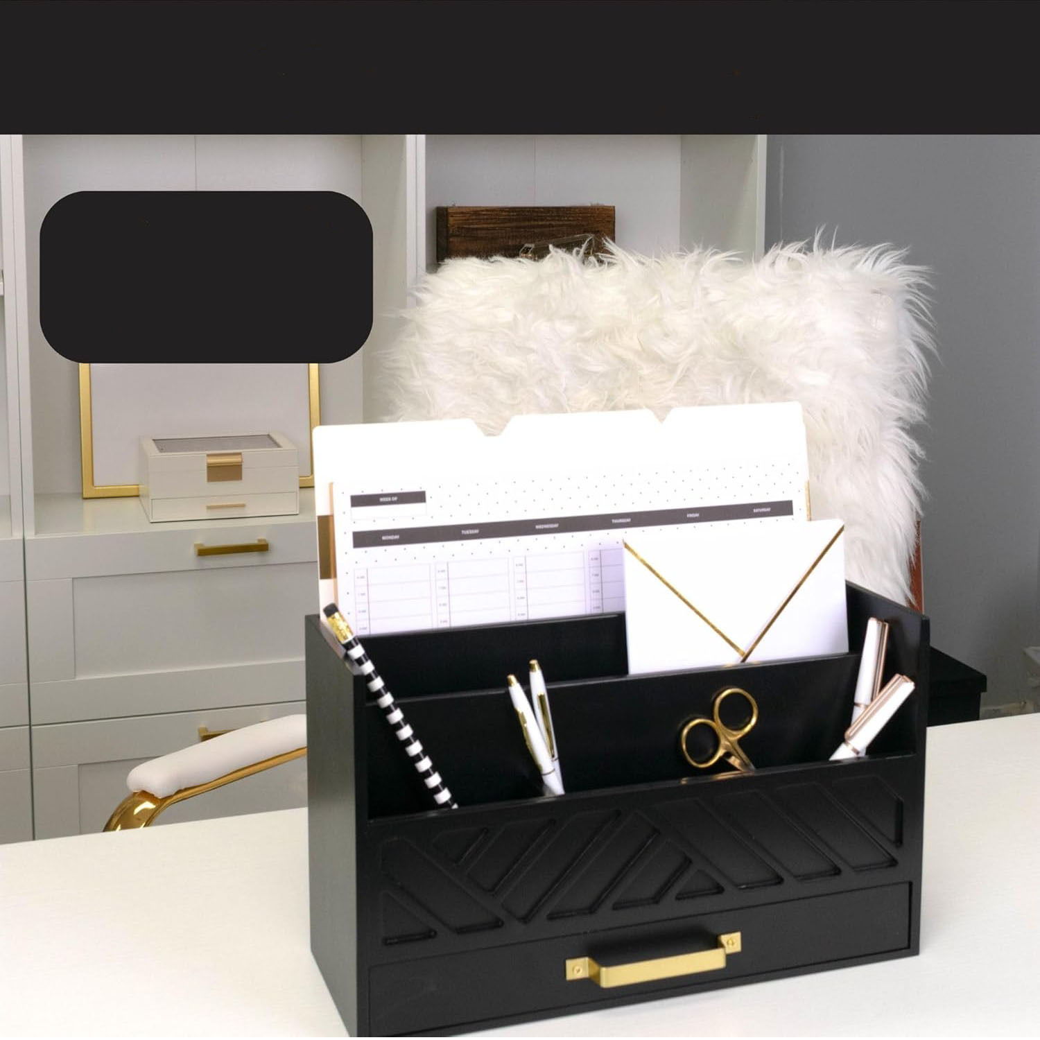 Wooden Mail Storage Drawer with Gold Handles | Rectangular American-Style 2-Tier Mail Sorter for Countertops/Desks