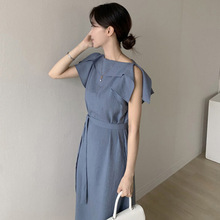 韩国chic夏季优雅气质露肩一字荷叶领系带连衣裙女简约纯色长裙子