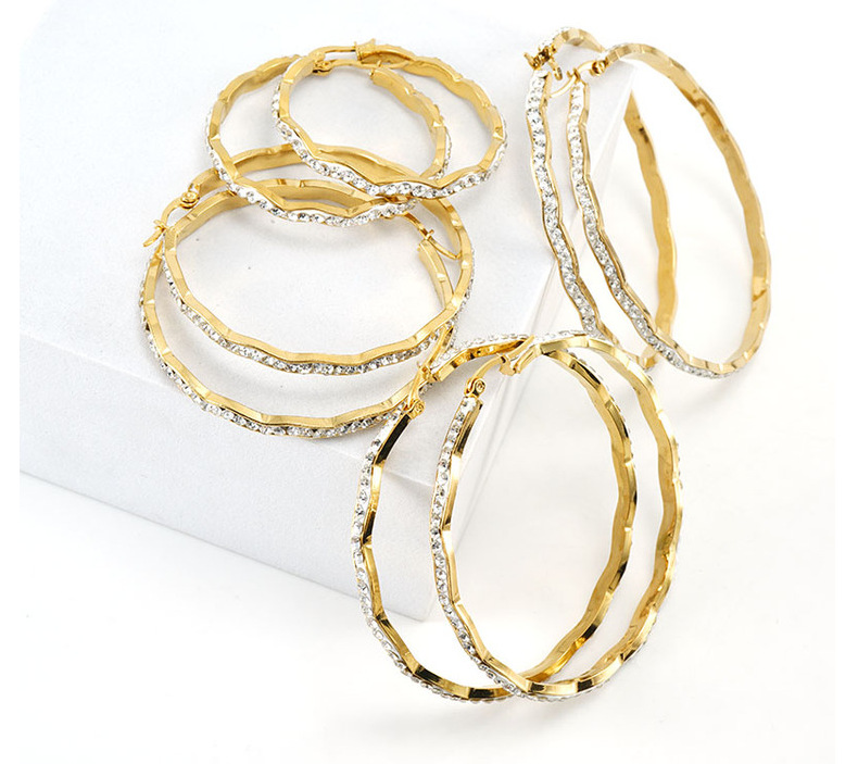 Simple Style Waves Plating Stainless Steel Rhinestones Hoop Earrings display picture 1