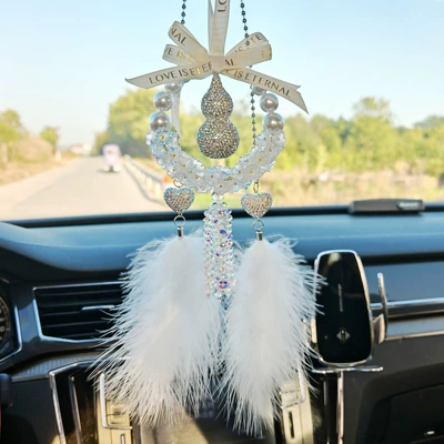 Gourd Pendant Rearview Mirror – Car hanging - white-crystal-lily-of-the-valley-diamond-gourd-peach-heart-colored-diamond-feathers