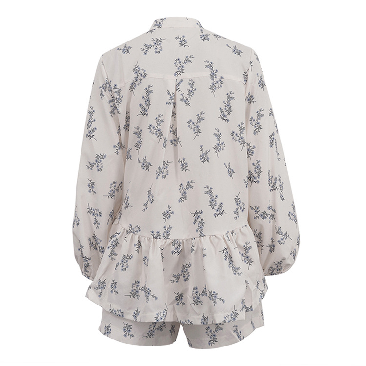 French Classic Skirt Puff Sleeve Small Turtleneck Ruffled Puffy Shirt Printed Shorts Suit