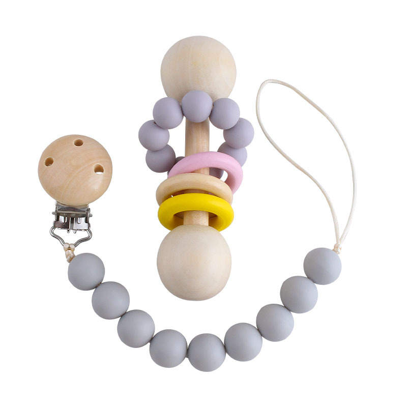 Creativo nuevo juguete de madera los niños mordedor bebé ejercicio interactivo agarre sonajero chupete silicona cadena traje
