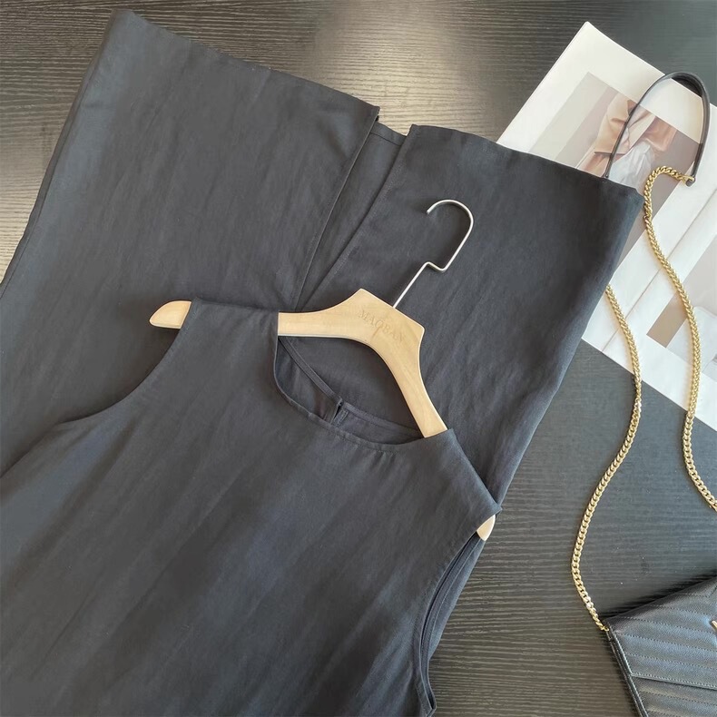 Minimalist Black Sleeveless Vest Mushroom Buckle Linen Vest dress Women's Elegant Loose Slimming Small Black Dress