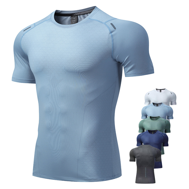 Cross-Border Short-Sleeved Sports T-Shirt Men's Round-Neck Elastic Running Clothing Muscle Fitness Training Clothing Large Size Casual Tops