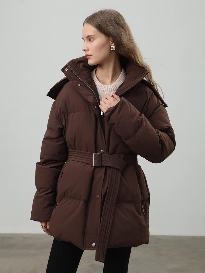 Áo khoác bông nữ có mũ, khóa kéo, thắt eo dáng ôm, dài trung bình, chất liệu polyester dày — màu nâu, màu đen, quả mơ chi tiết 39